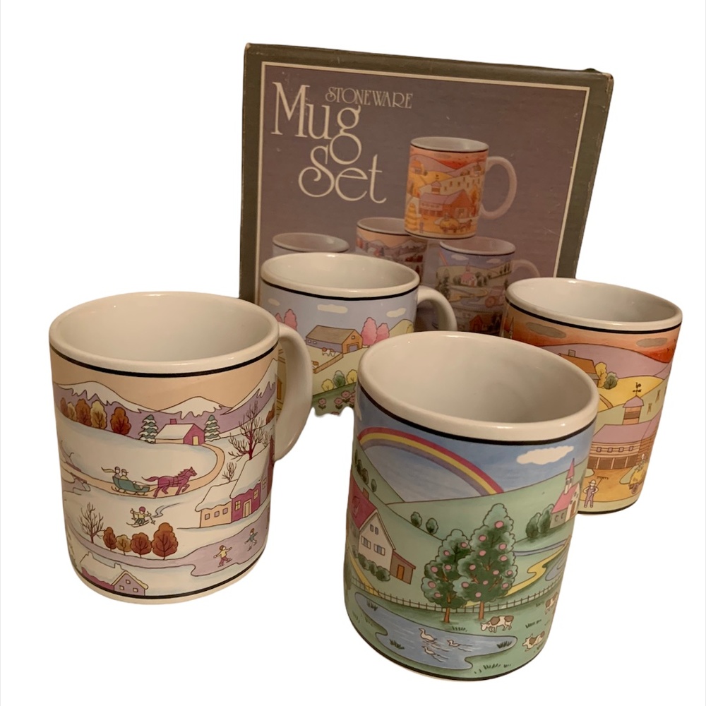 New in box Vintage Stoneware mugs made in Japan set of 4 Countryside Design